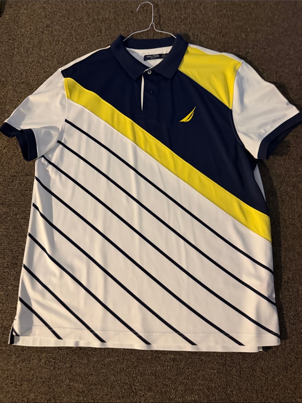 Nautica Men’s Navy, White & Yellow Diagonal Stripe Polo Shirt